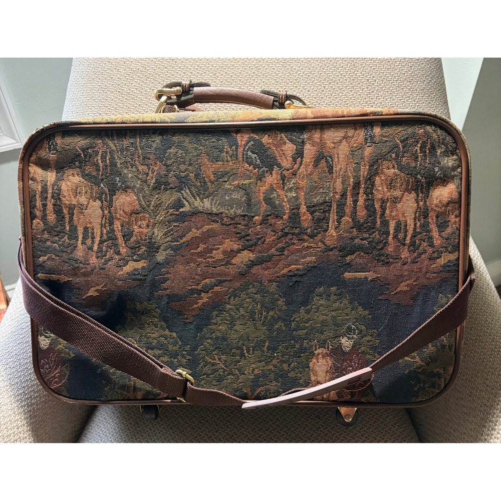 Vintage Tapestry Rolling Suitcase | Fox Hunt | Carry On Bag | Capizio |Brown Tan - Picture 2 of 16